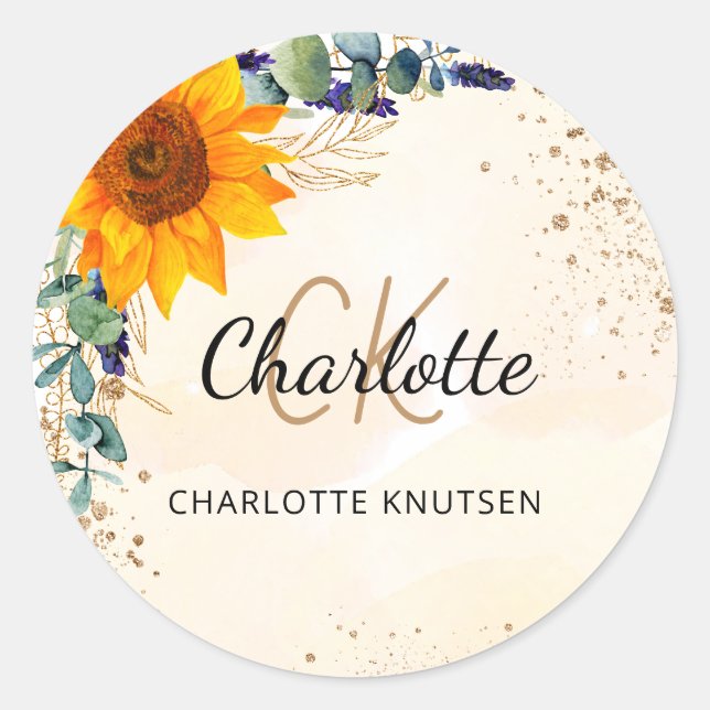 Sticker Rond Tournesol eucalyptus pailleté monogramme (Devant)