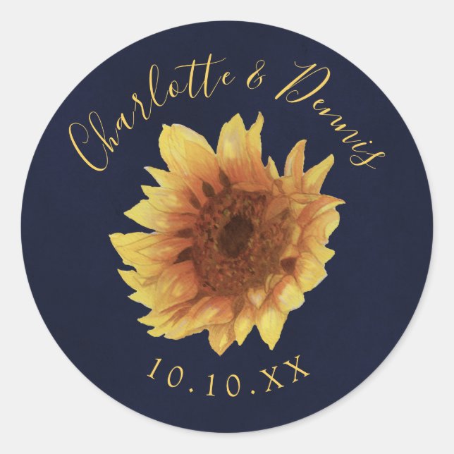 Sticker Rond Tournesol jaune aquarelle et mariage bleu marine (Devant)