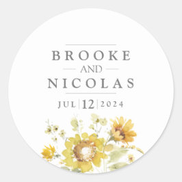 Sticker Rond Tournesol Jaune Rustique Aquarelle Mariage classiq