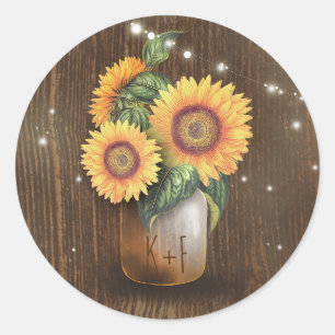 Sticker Rond Tournesol Mason Jar Lumières Mariage rustique