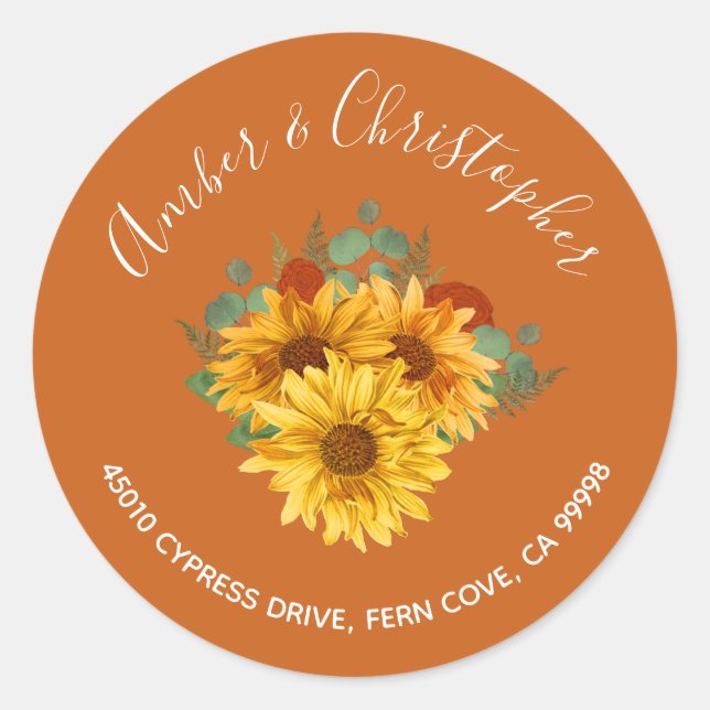 Sticker Rond Tournesol Rust Rose Mariage Adresse Enveloppe Scea (Devant)