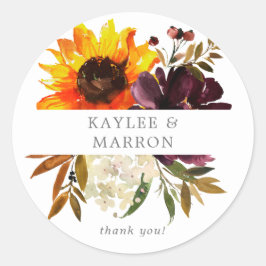 Sticker Rond Tournesol rustique et Merci Floral violet