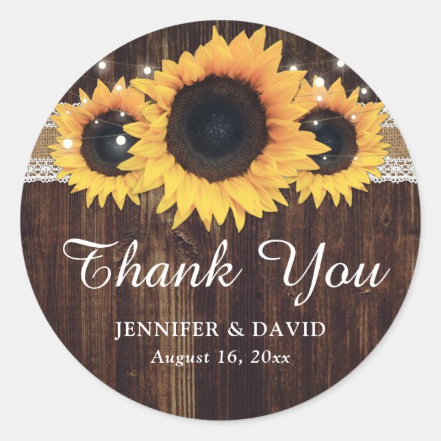 Sticker Rond Tournesol Rustique Merci Mariage Burlap (Devant)