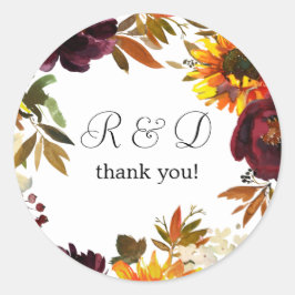 Sticker Rond Tournesol rustique & Monogramme floral Bourgogne -
