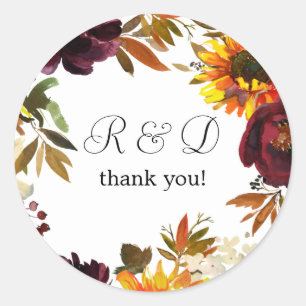 Sticker Rond Tournesol rustique & Monogramme floral Bourgogne -