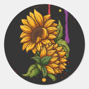 Sticker Rond Tournesols dessiner art, tournesols amour