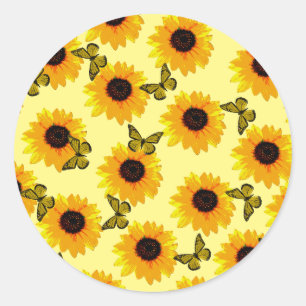Sticker Rond Tournesols Et Papillons Peints À L'Huile,