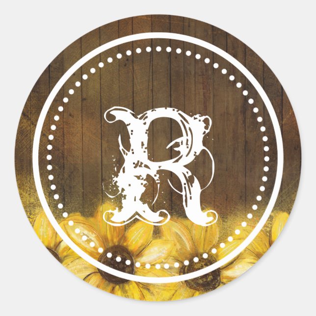 Sticker Rond Tournesols peints sur bois | Mariage de monogramme (Devant)