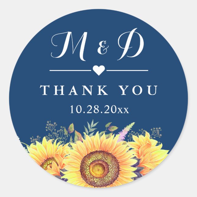 Sticker Rond Tournesols Rustiques Marine Blue Wedding Favoriser (Devant)