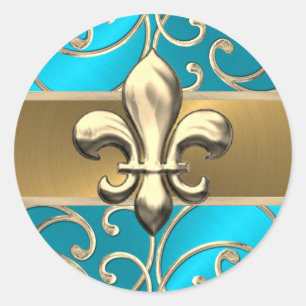 Sticker Rond Tourquoise et Doré Filigree Fleur de Lis