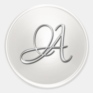 Sticker Rond TOUS LES INITIALES Script en argent sur blanc