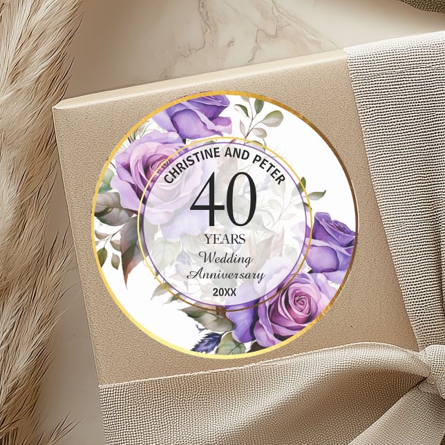 Sticker Rond Tout mariage Cadre Or Roses Violettes Anniversaire (Créateur téléchargé)