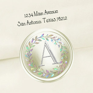 Sticker Rond Toutes initiales Monogramme argent Couronne de lau