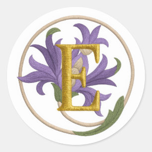 Sticker Rond TOUTES LES INITIALES Broderie Look Floral violet