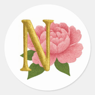 Sticker Rond TOUTES LES INITIALES Broderie Look rose Peony N'im