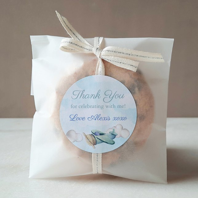 Sticker Rond Toy Avion Voyage Baby shower Anniversaire Merci (Watercolor Toy Airplane Thank You Favor Stickers for baby shower or child birthday party)
