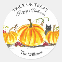 Sticker Rond Trace ou traitement Halloween Citrouille Chat Cute