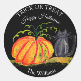 Sticker Rond Trace ou traitement Halloween Citrouille Chat Cute