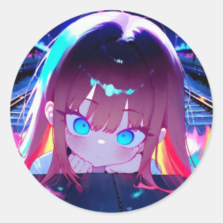 Sticker Rond Traces de train de nuit Anime Girl