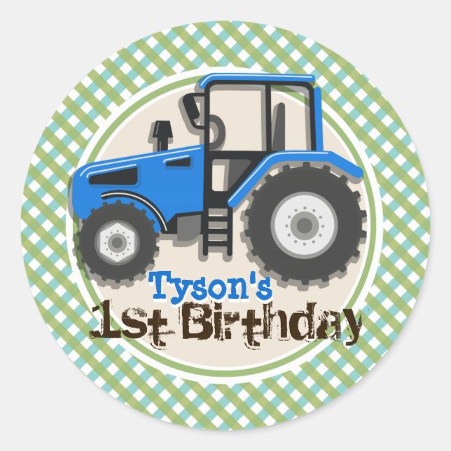 Sticker Rond Tracteur agricole bleu mignon ; Anniversaire vert (Devant)