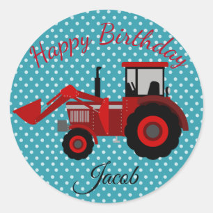 Sticker Rond Tracteur de rouge de joyeux anniversaire