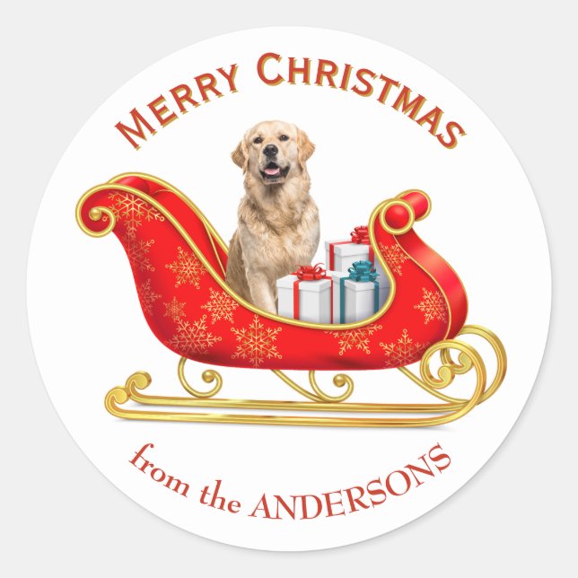 Sticker Rond Traîneau de Noël Chien Retriever doré (Devant)