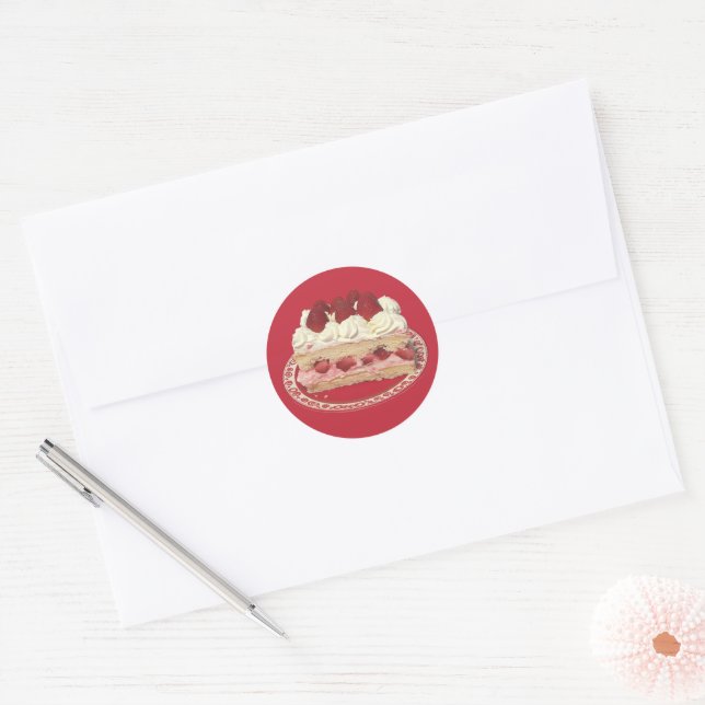 Sticker Rond Tranche de gâteau court aux fraises (Enveloppe)