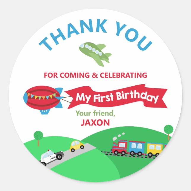 Sticker Rond Transport 1er Anniversaire Fête Merci Faveur (Devant)