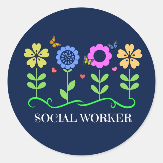 Sticker Rond Travailleur social...Fleurs, Coeurs, Papillons, (Devant)