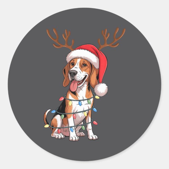 Sticker Rond Treeing Walker Coonhound Dog Christmas Lights Sant (Devant)