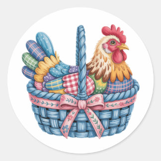 Sticker Rond Trendy Easter Chicken Hen Patchwork PNG, Floral Re
