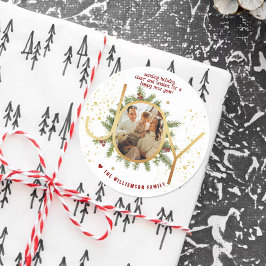 Sticker Rond Trendy Joy Pine Boughs Wreath Christmas Photo