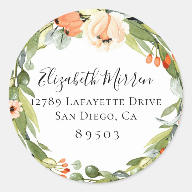 Sticker Rond Trendy Peach Floral Wreath Adresse de retour (Devant)