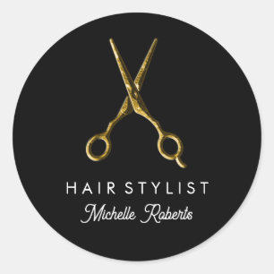 Sticker Rond Trendy Personnalisé Ciseaux d'Or Coiffeur Salon no