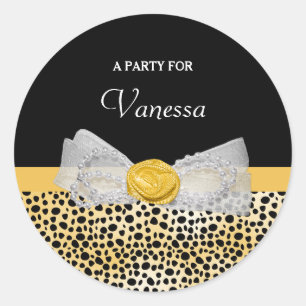 Sticker Rond Trendy Yellow Cheetah Imprimer Fancy Bow Nom de la