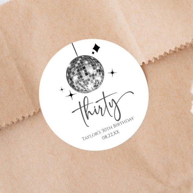 Sticker Rond Trente Silver Disco Ball 30e fête d'anniversaire (Créateur téléchargé)