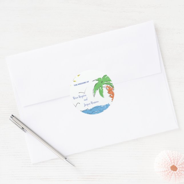 Sticker Rond Trésor personnalisé plage avec palmier  (Enveloppe)