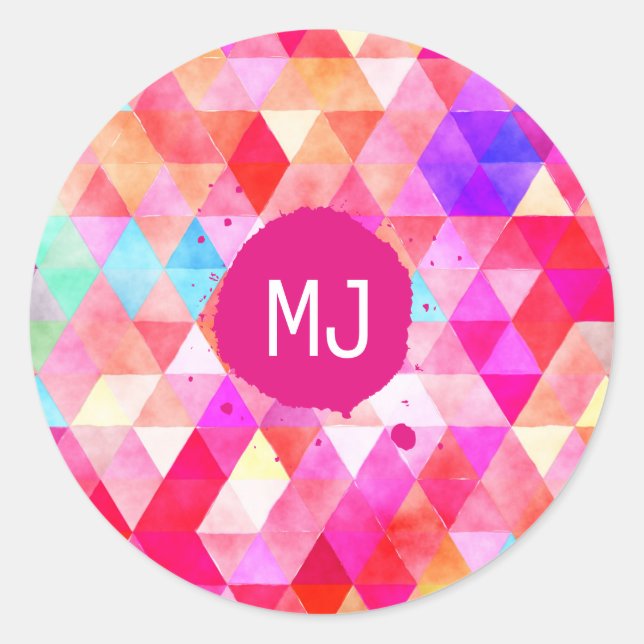 Sticker Rond Triangle rouge rose monogramme personnalisé (Devant)