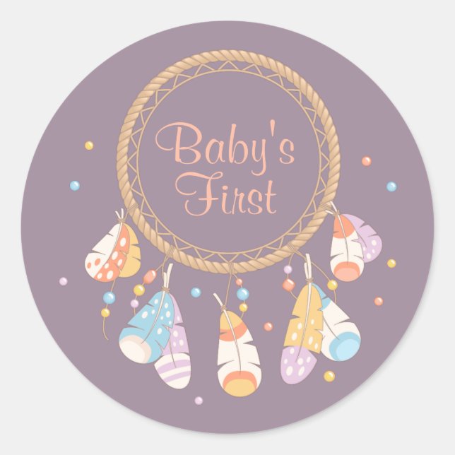 Sticker Rond Tribal Dreamcatcher Boho Baby First 1st Birthday (Devant)