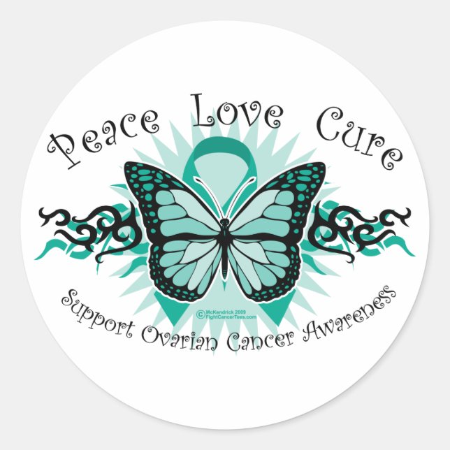 Sticker Rond Tribal du papillon du cancer de l'ovaire (Devant)