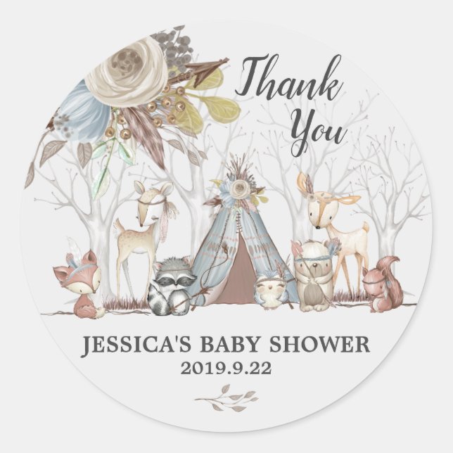 Sticker Rond Tribal Woodland Animaux Baby shower Garçon Favoris (Devant)