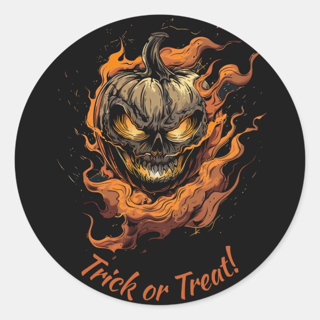 Sticker Rond Trick à tête de pommeau effrayant ou traitement (Devant)