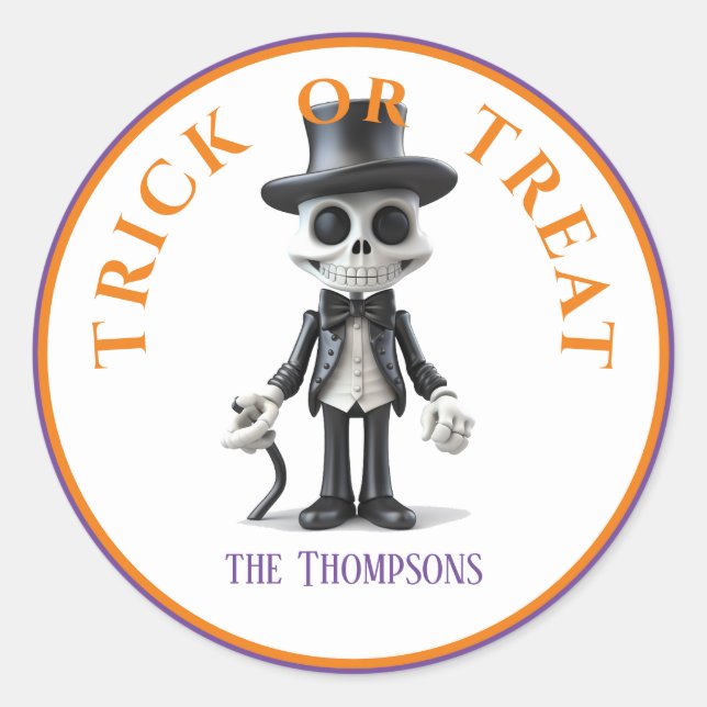 Sticker Rond Trick d'Halloween ou traitement squelette élégant  (Devant)