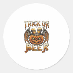 Sticker Rond Trick Or Beer Halloween Citrouille Squelette Ailes