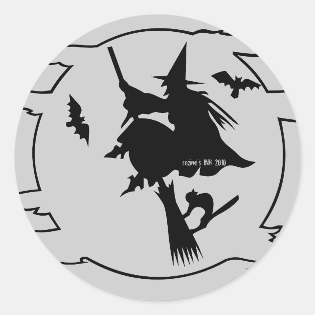 Sticker Rond Trick or Treat Witch on Broom avec chauves-souris  (Devant)