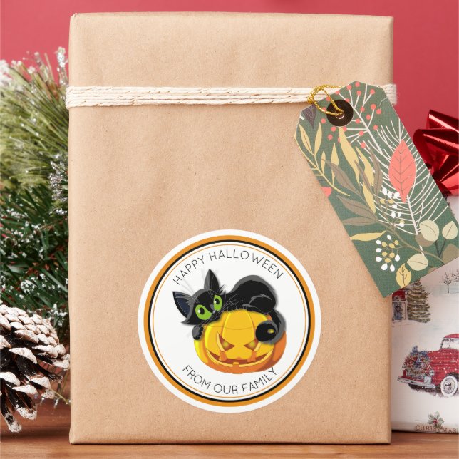Sticker Rond Trick ou traiter Chat noir et Citrouille effrayant (vacances)