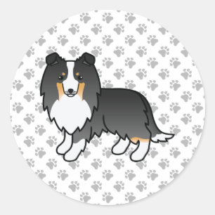 Sticker Rond Tricolor Shetland Sheepdog Sheltie Dessin Chien