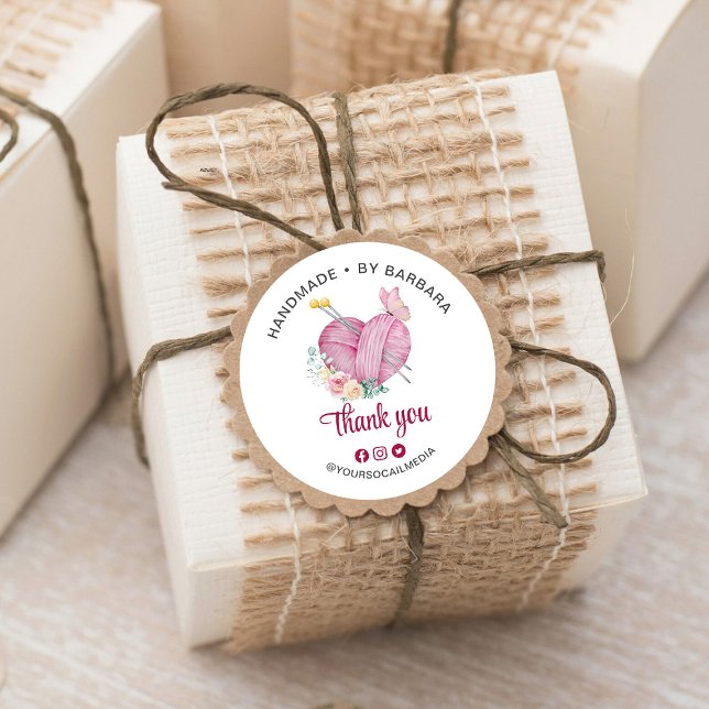 Sticker Rond Tricot coeur en fils mignon aiguilles Merci (Créateur téléchargé)