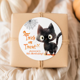 Sticker Rond Tricoter ou traiter Chat noir mignon Fête d'Hallow