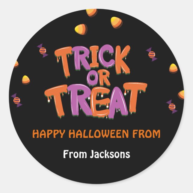 Sticker Rond Tricoter ou traiter l'Halloween du maïs bonbon (Devant)